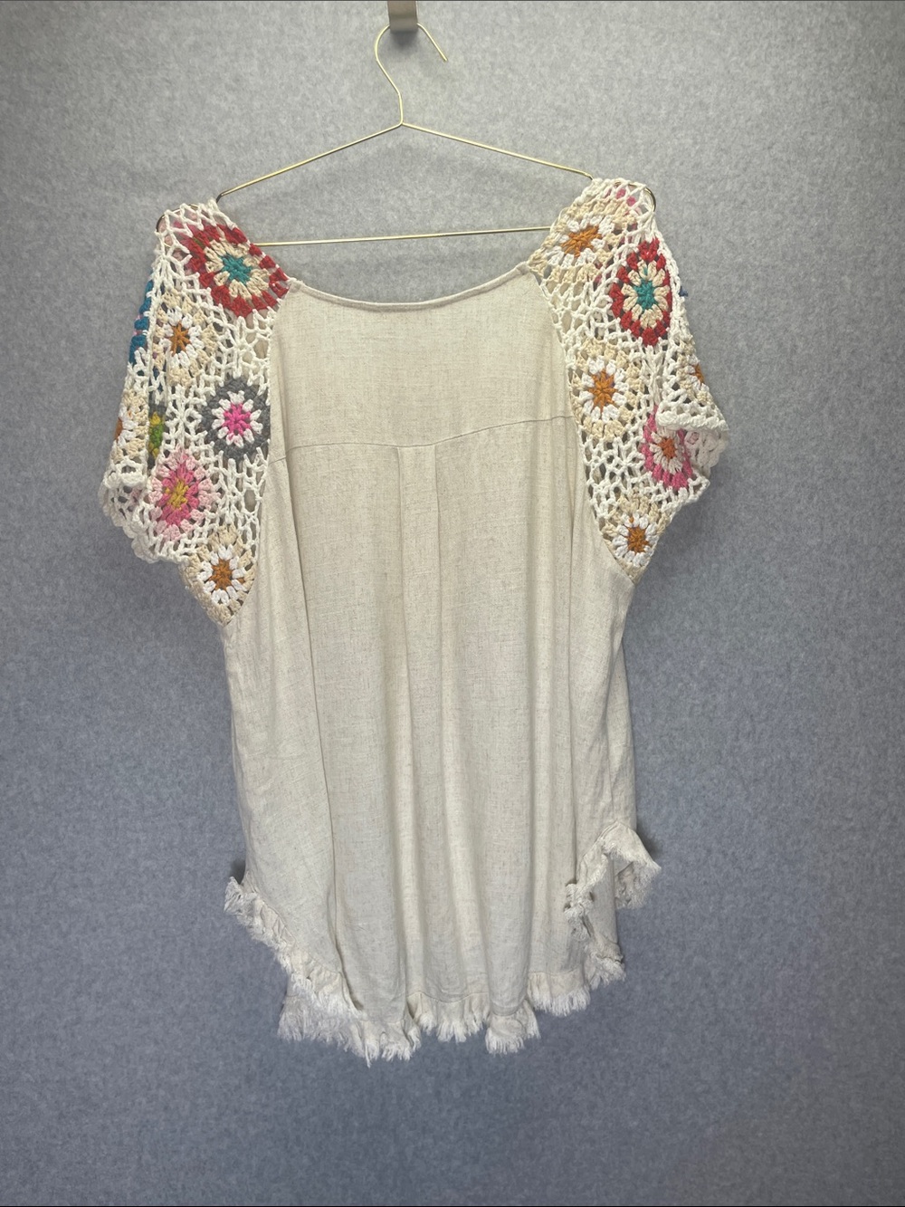 Umgee Donna Linen Blend Crochet Grandma Square Hippie Cottagecore Frayed Hem Top - Picture 8 of 9